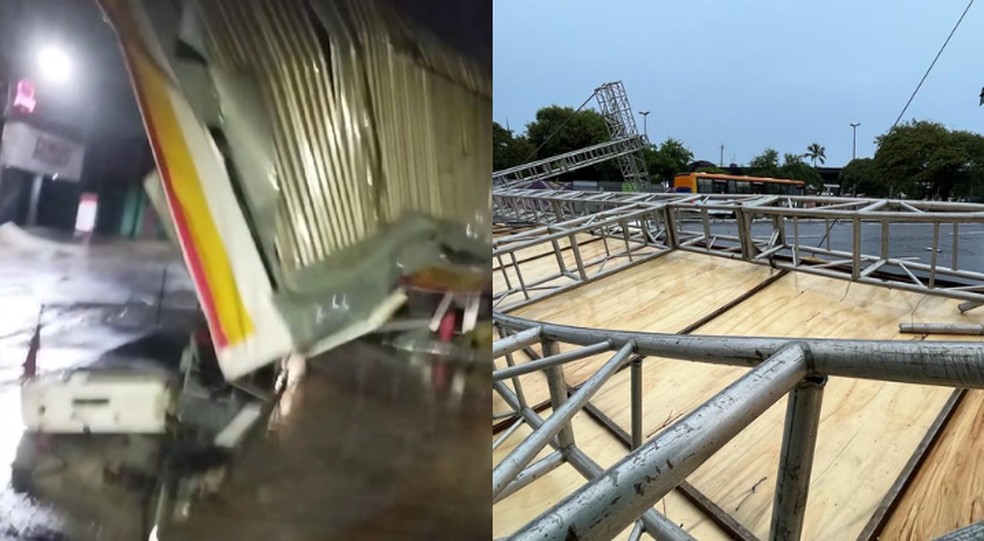 Teto de posto de gasolina caiu em Carpina, na Zona da Mata, e pórtico de carnaval caiu em Olinda, no Grande Recife — Foto: Reprodução/WhatsApp