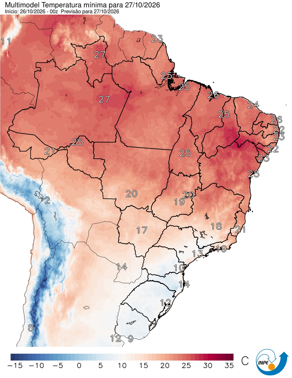 Temperaturas mínimas previstas para esta terça (27/10) em todo o Brasil. — Foto: CPTEC/Inpe