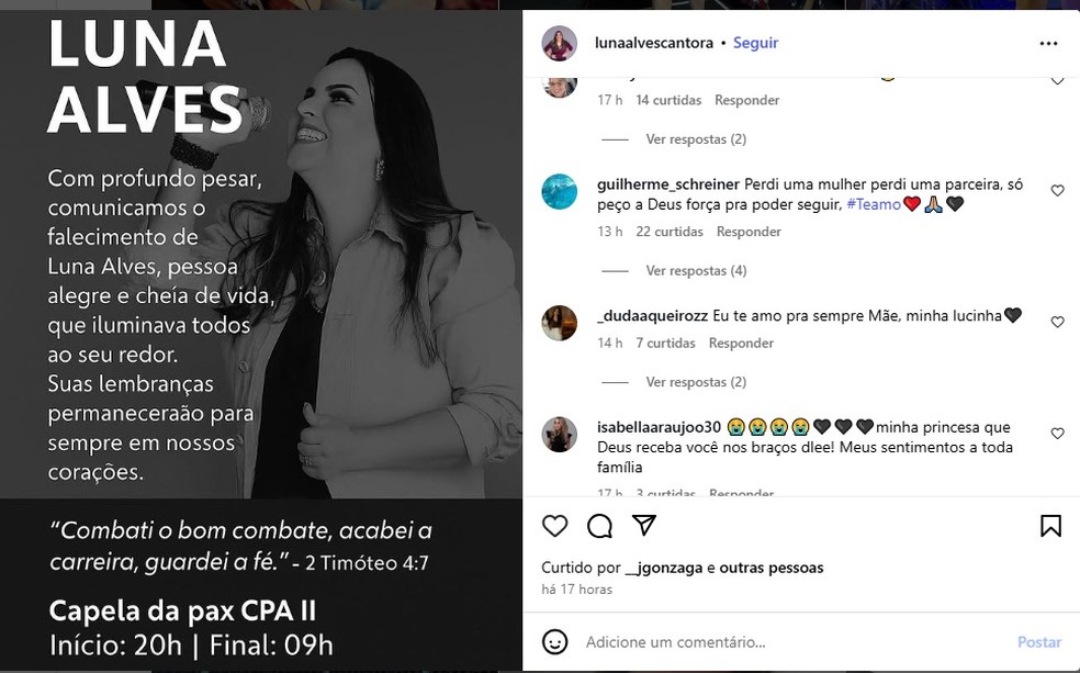 Amigos e familiares lamentaram a morte da artista — Foto: Reprodução