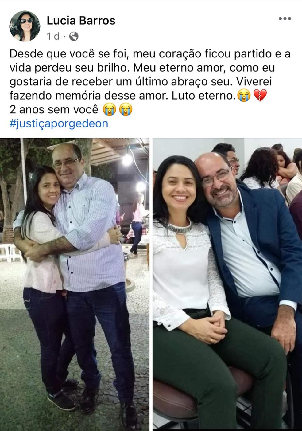Víuva de Gedeon Barros, Lúcia Barros, pediu justiça pela morte do marido em postagem  — Foto: Reprodução