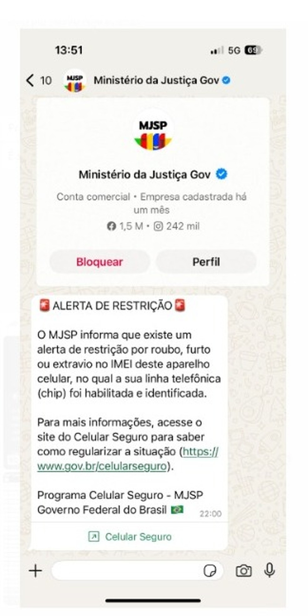 Mensagem que o Ministério da Justiça vai mandar para celulares roubados — Foto: Divulgação