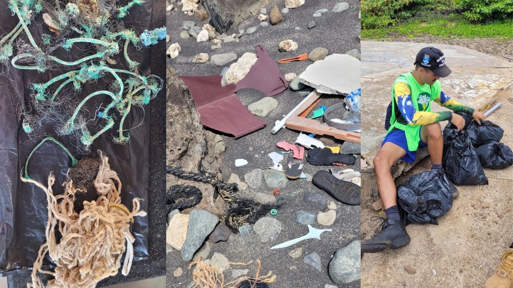 Materiais encontrados durante coleta de lixo realizada por pesquisadores e militares na Ilha da Trindade, Espírito Santo — Foto: ICMBio
