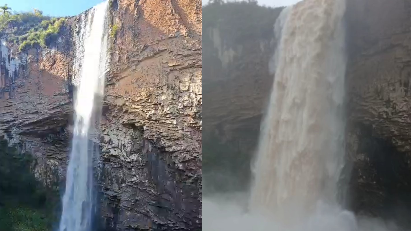 'Fiquei apavorado': Morador registra força da água em cachoeira antes e depois da forte chuva no RS; VÍDEO