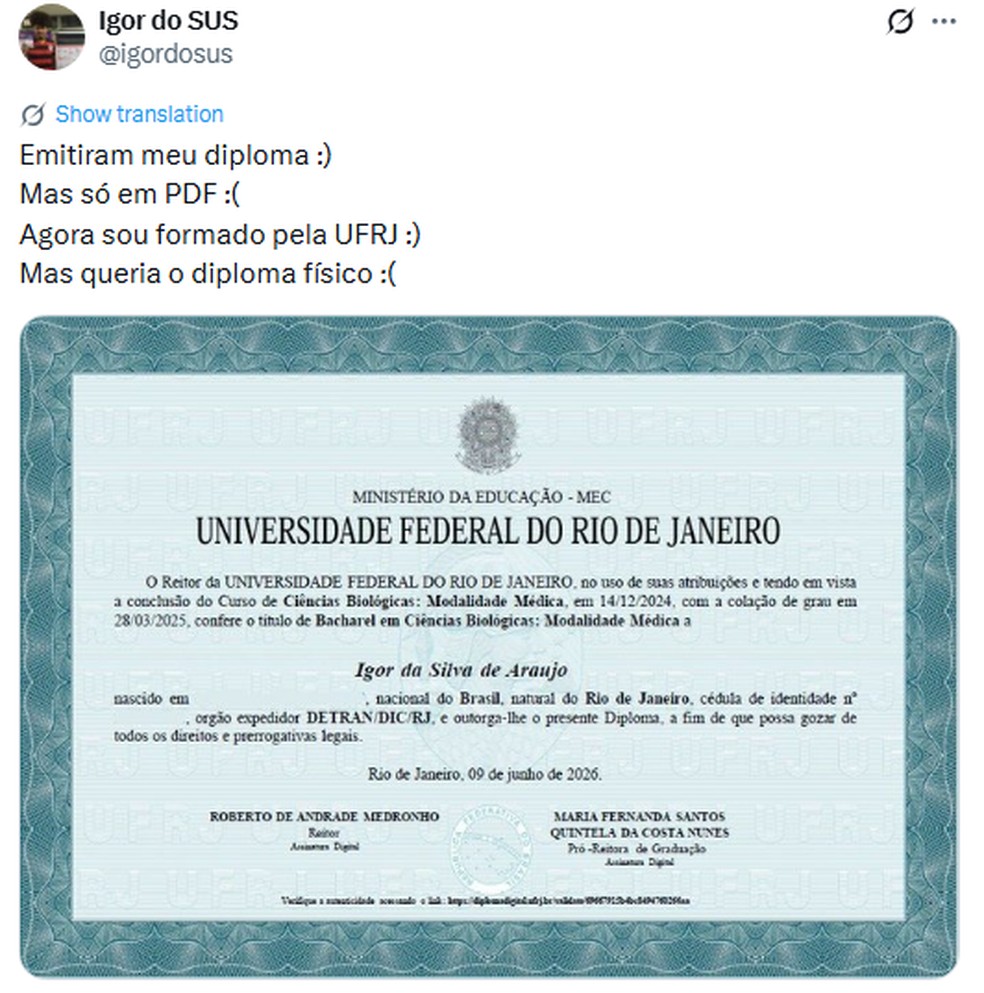 Estudante posta sobre a frustração de não receber diploma físico — Foto: Reprodução/Redes sociais