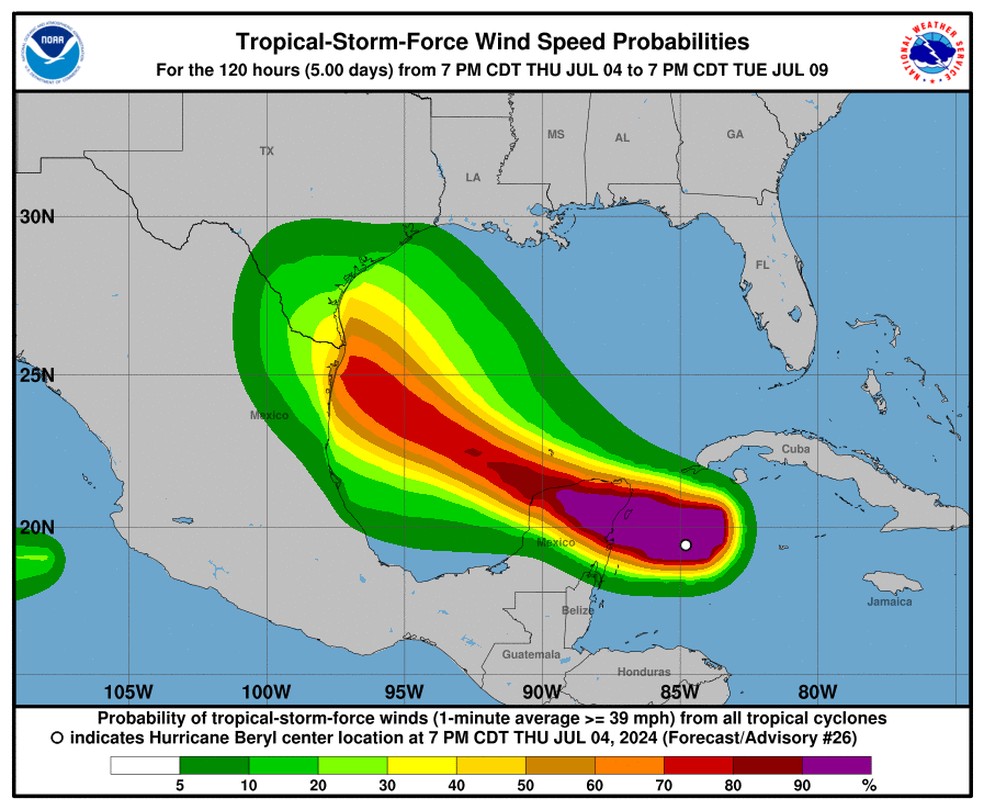 Previsão indica passagem do furacão Beryl pelo México — Foto: NHC