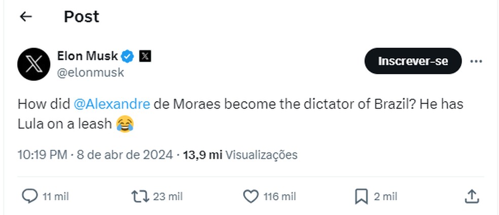 Elon Musk disse que Moraes se tornou ditador do Brasil e que tem Lula na coleira — Foto: Reprodução