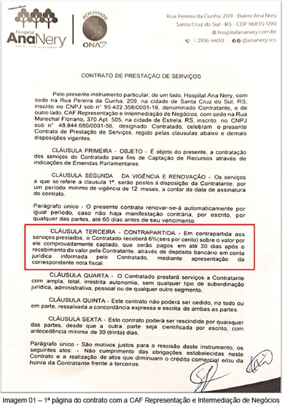 Contrato de intermediação previa que empresa recebesse 6% do valor 'captado' em emendas — Foto: PF/Reprodução