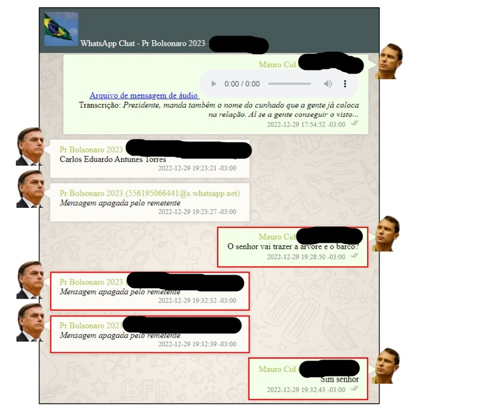 Troca de mensagens entre Bolsonaro e Mauro Cid, em 29 de dezembro de 2022 — Foto: Divulgação