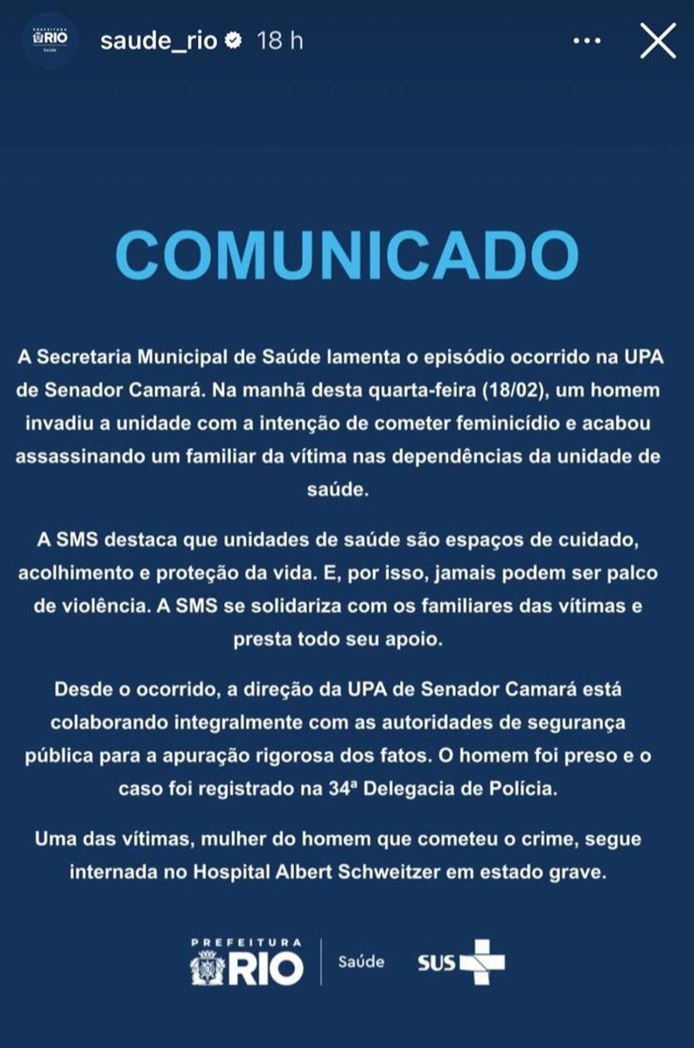 SMS divulgou nota nas redes sociais lamentando o crime ocorrido dentro da UPA de Senador Camará — Foto: Reprodução: Redes sociais