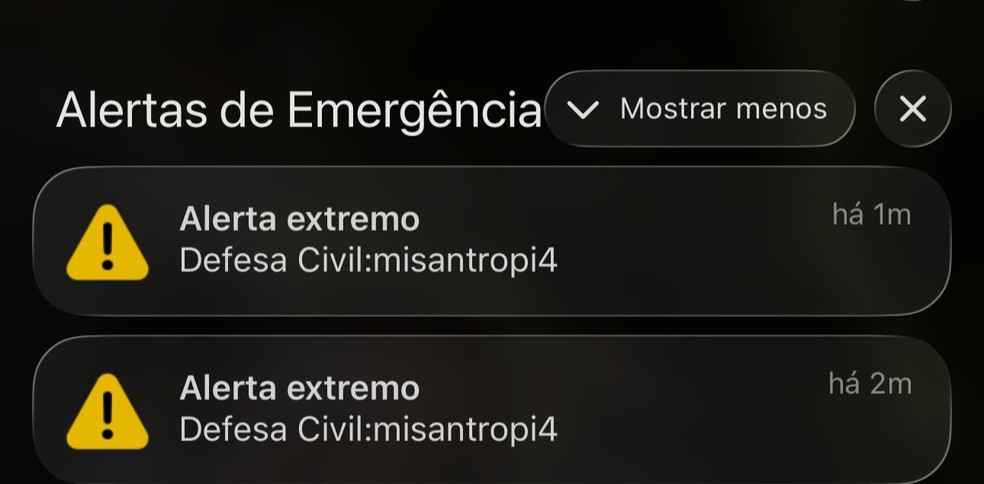 Morador do Rio de Janeiro mostra alerta extremo recebido no celular com a palavra “misantropia”. — Foto: Reprodução