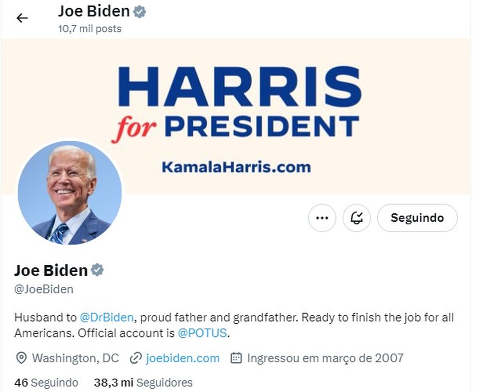 Perfil de Joe Biden na rede social X atualiza logotipo de campanha, que passa a dizer 'Harris for President' (Harris para presidente) — Foto: Rerodução/Redes Sociais