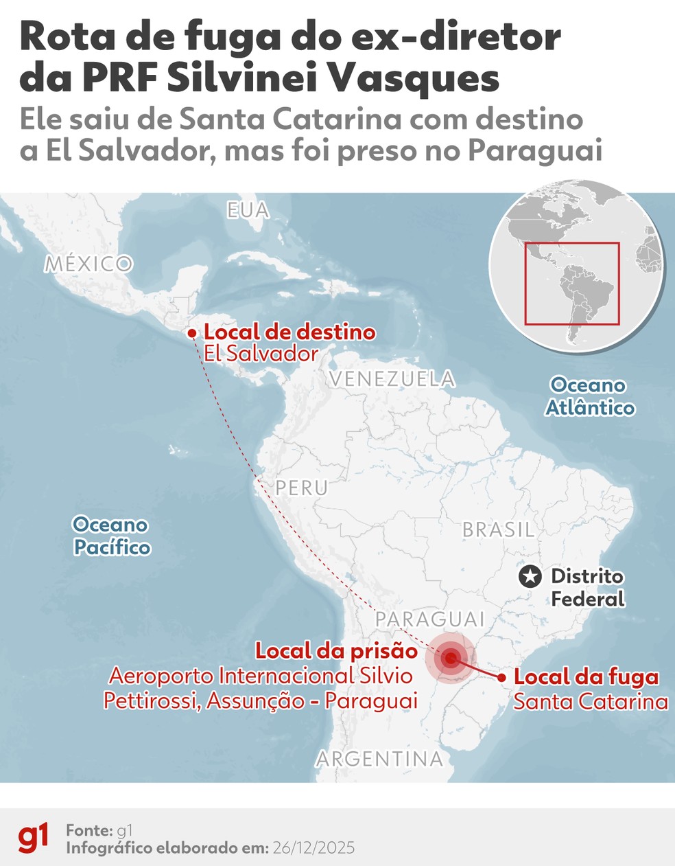 Rota de fuga de Silvanei Vasques foi interrompida no aeroporto de Assunção, no Paraguai. — Foto: Arte g1