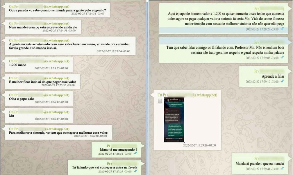 Troca de mensagens entre PM e o traficante Professor — Foto: Reprodução