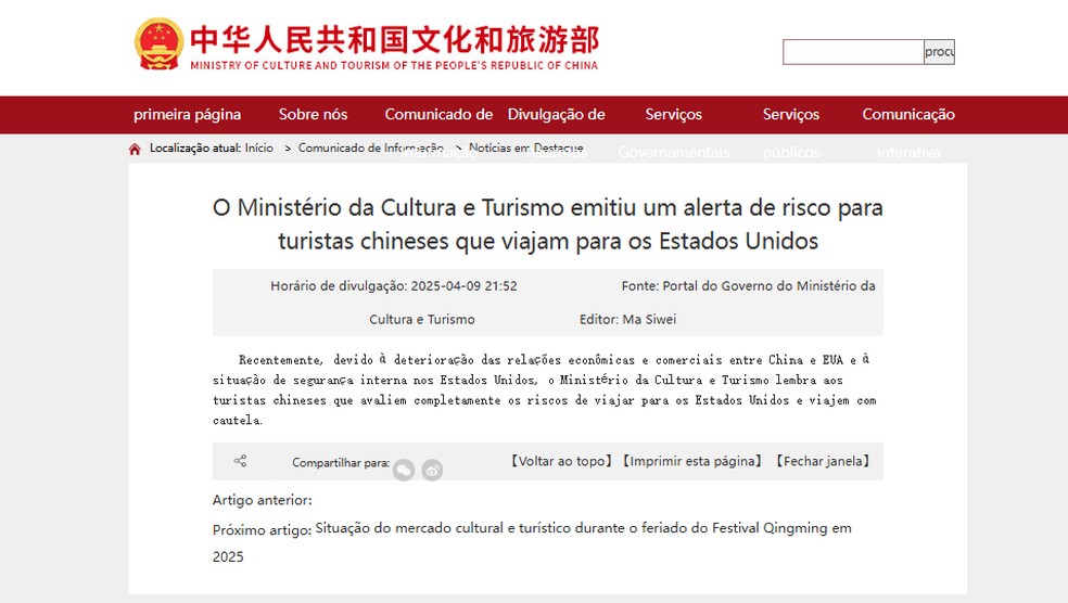 Alerta do Minist&eacute;rio da Cultura e Turismo da China para viagens aos Estados Unidos, emitido em 9 de abril de 2025. &mdash; Foto: Reprodu&ccedil;&atilde;o/ Minist&eacute;rio da Cultura e Turismo da China