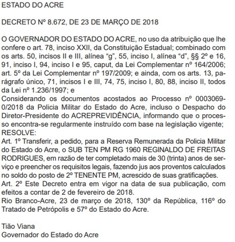 Reginaldo de Freitas Rodrigues, principal suspeito pelo assassinato de Ionara Nazaré, está na reserva da PM desde 2018 — Foto: Reprodução/Diário Oficial do Estado