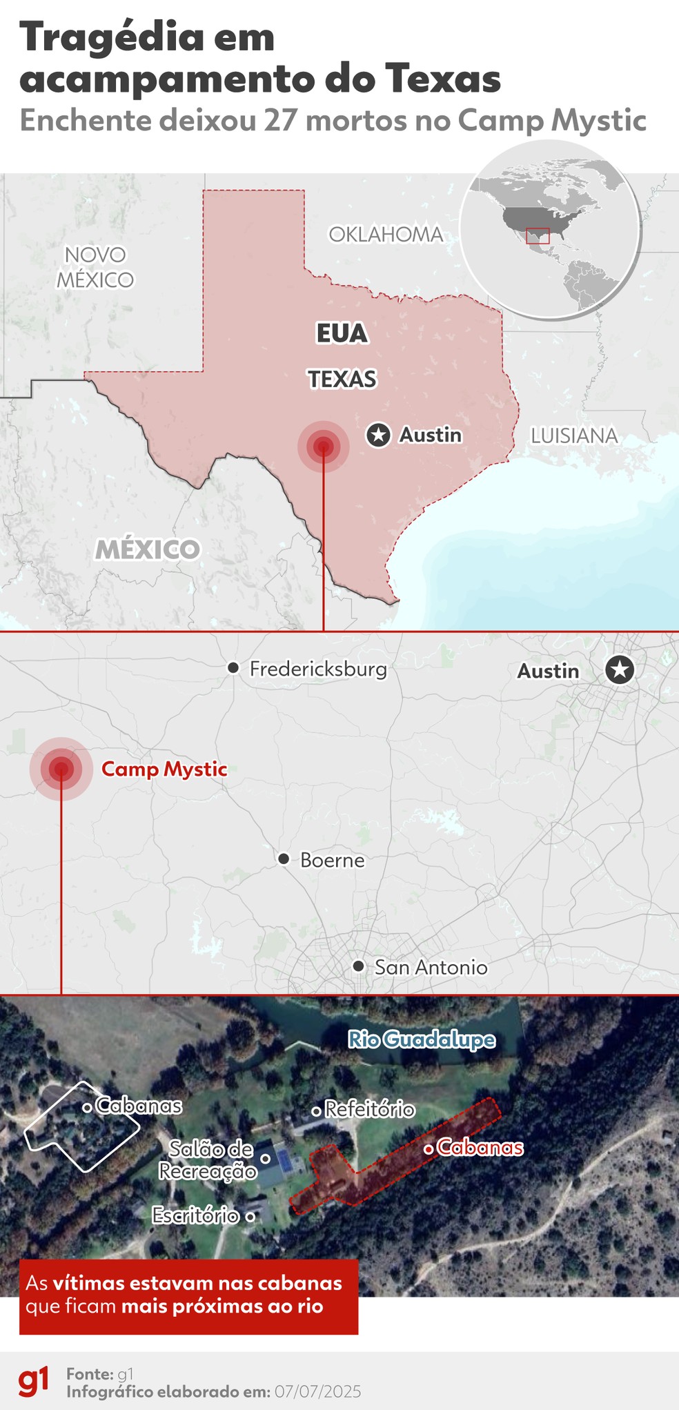 Arte mostra o local do Camp Mystic, no Texas — Foto: Dhara Pereira/g1