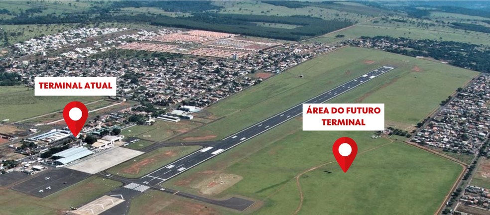 Imagem aérea mostra onde funciona o terminal atual e onde será construído o novo terminal de passageiros — Foto: Arte g1