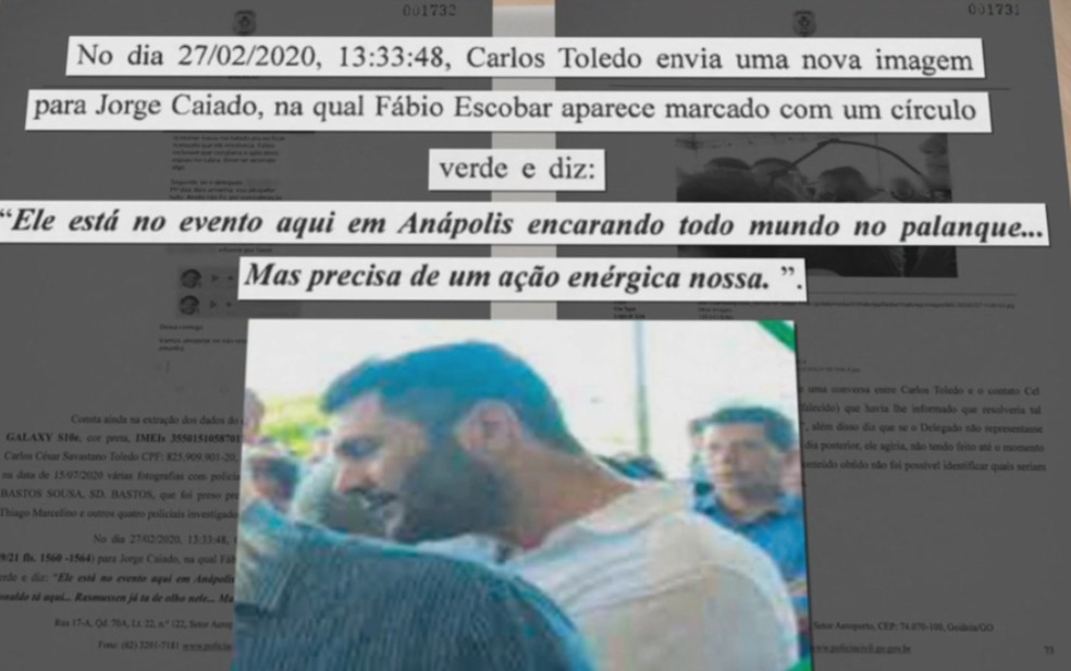 Trecho do inquérito policial que mostra mensagem enviada por Cacai Toledo sobre o empresário Fábio Escobar (Anápolis-Goiás) — Foto: Reprodução/TV Anhanguera