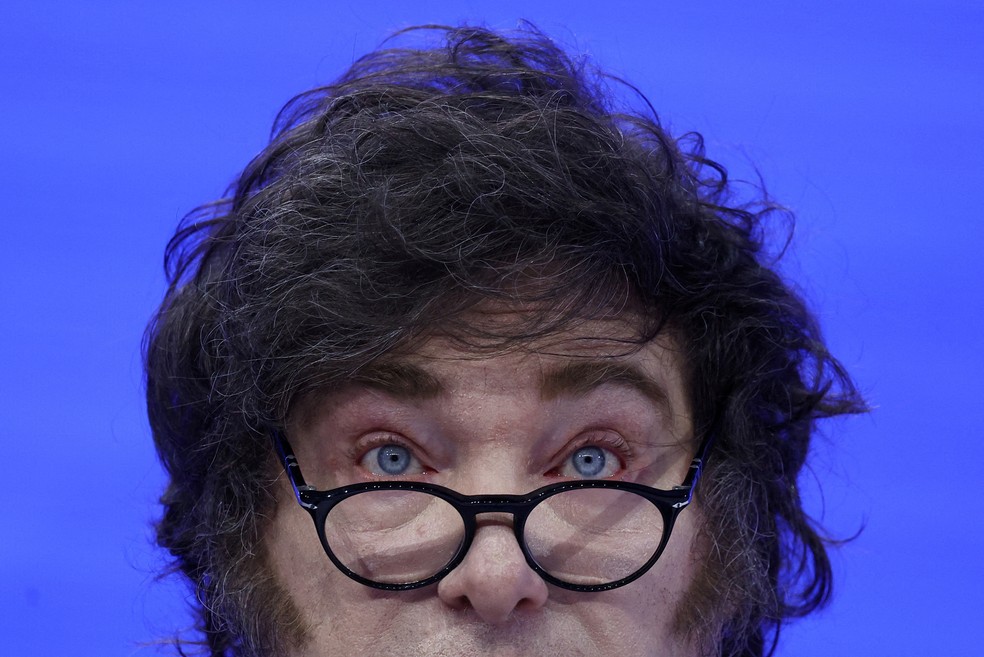 O presidente da Argentina, Javier Milei, faz um discurso especial durante a 55ª reunião anual do Fórum Econômico Mundial em Davos, Suíça, em 23 de janeiro de 2025. — Foto: Reuters