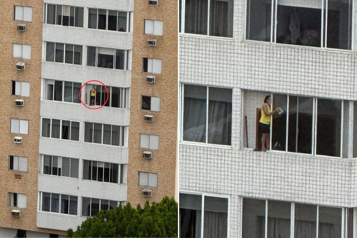 Mulher é vista agarrada à janela durante limpeza em prédio no litoral de SP; VEJA