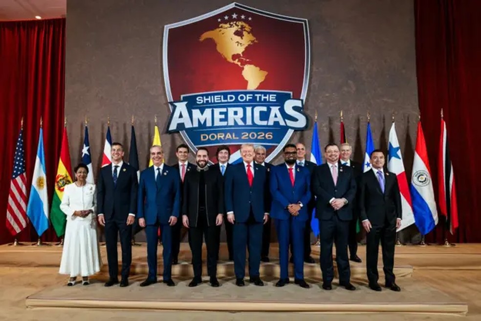 Líderes de 12 países latino-americanos se reuniram com Trump em março, na cúpula do Escudo das Américas, realizada na Flórida — Foto: Casa Branca/Daniel Torok