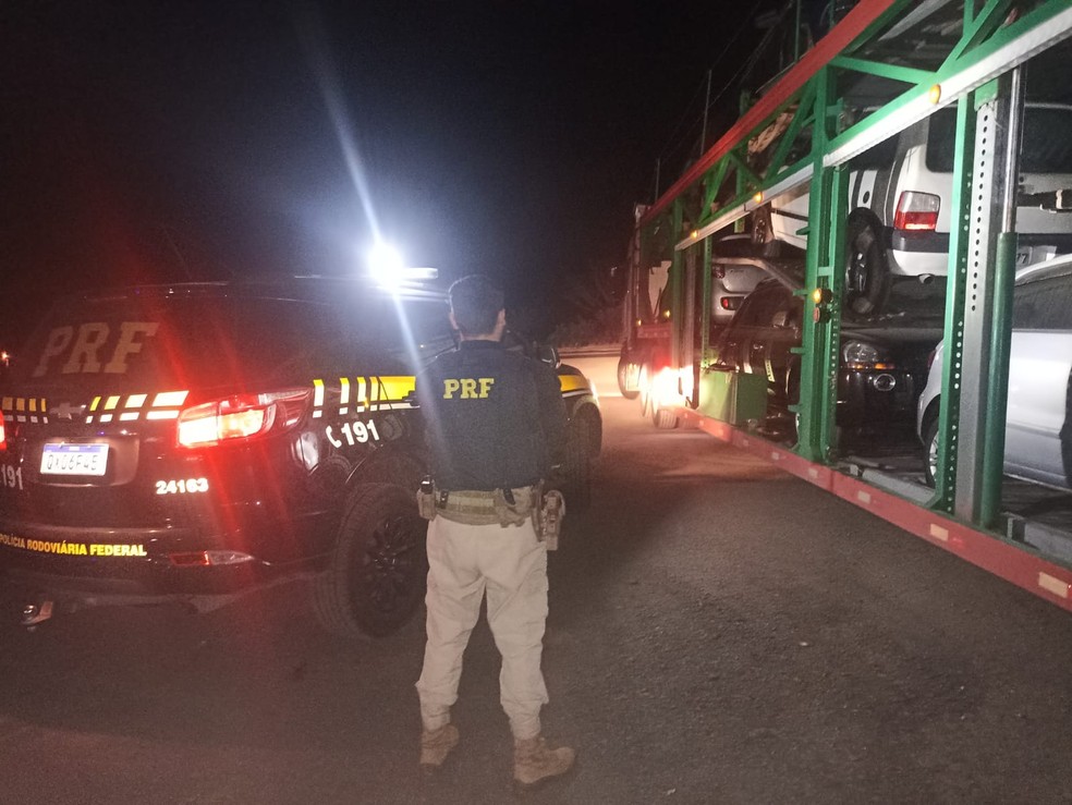 Cegonheira foi abordada na altura do KM-310 — Foto: Polícia Rodoviária Federal/ Divulgação