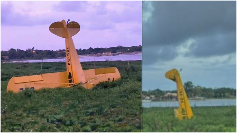 Avião de pequeno porte fez pouso de emergência próximo à Lagoa do Catu, na Grande Fortaleza — Foto: Reprodução