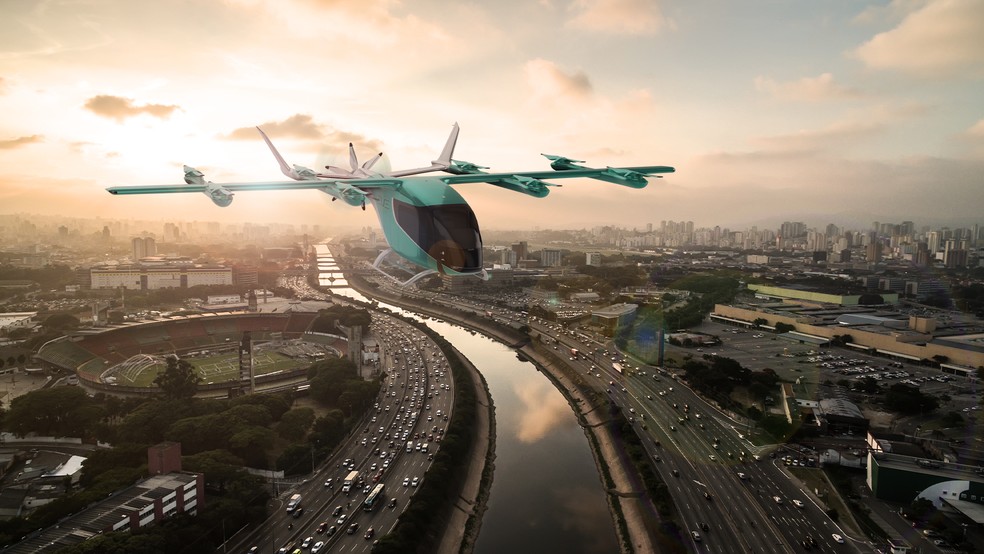 Imagem de conceito do 'carro voador' da Eve, subsidiária da Embraer — Foto: Divulgação/Embraer