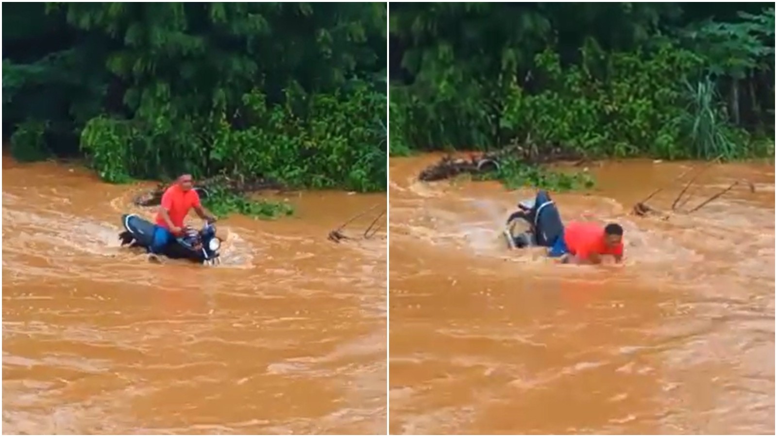 Vídeo: Motociclista é arrastado por correnteza e fica submerso ao tentar atravessar rua alagada