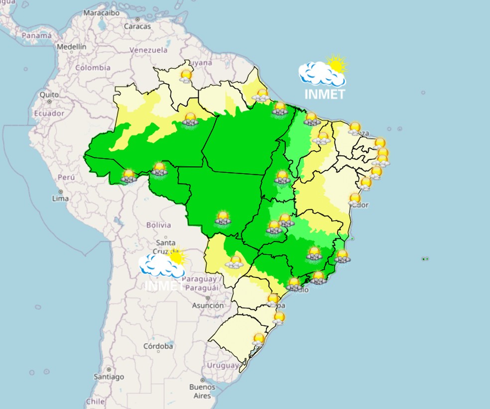 Previsão de chuva neste sábado em todo o país. — Foto: Inmet/Reprodução