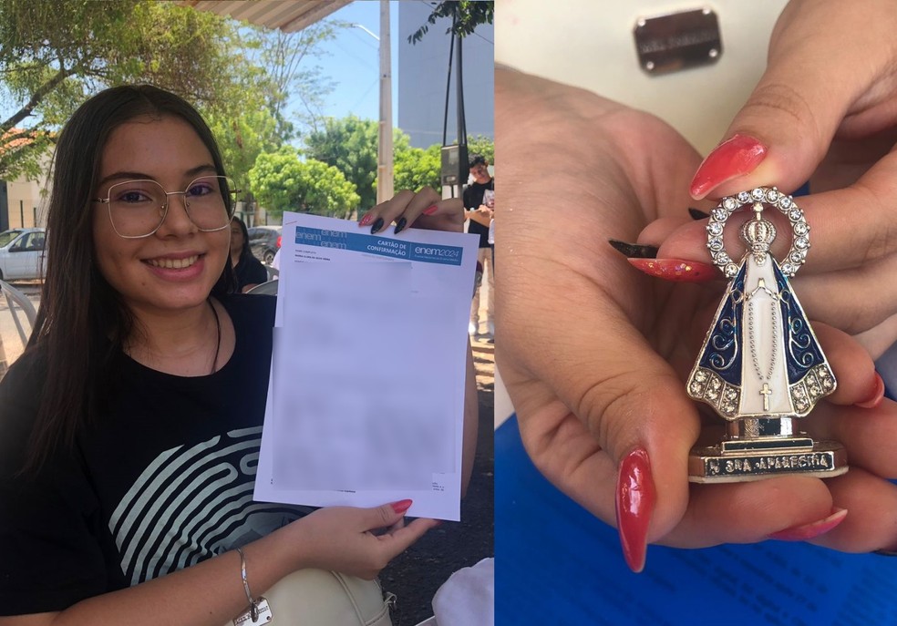 Candidata leva imagem de Nossa Senhora Aparecida como proteção para fazer o Enem — Foto: Sthefany Prado/g1