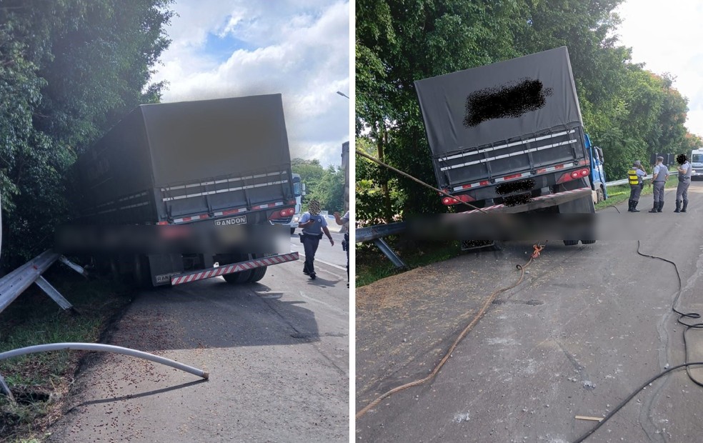 Caminhoneiro morre após sofrer mal súbito e bater em árvore na SP-294 em Marília — Foto: Artesp/Reprodução