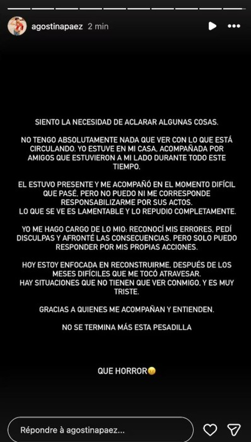 Agostina posta esclarecimento após vídeo do pai — Foto: Reprodução/Redes sociais