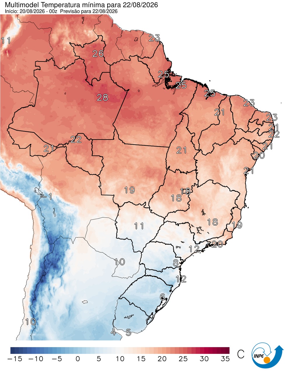 Temperaturas mínimas previstas para esta sexta em todo o Brasil. — Foto: CPTEC/Inpe