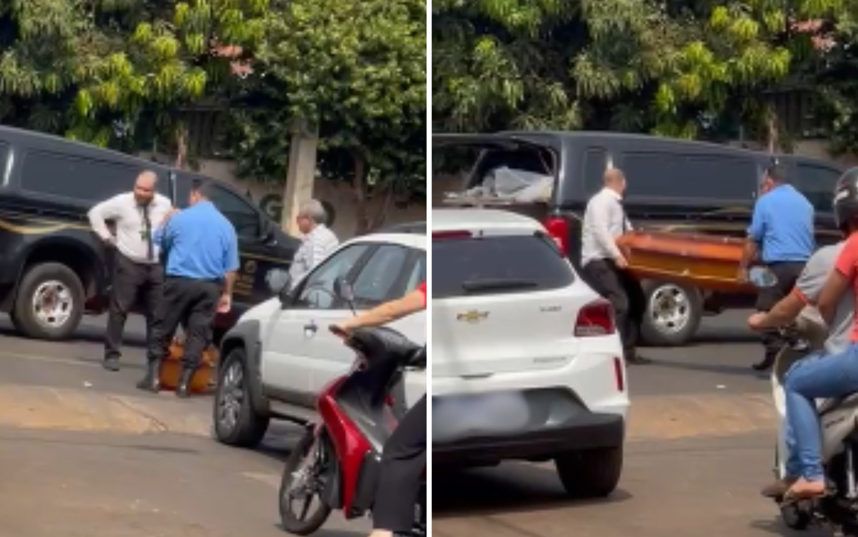 Caixão cai de carro funerário e fica no meio de avenida em Goiás; vídeo