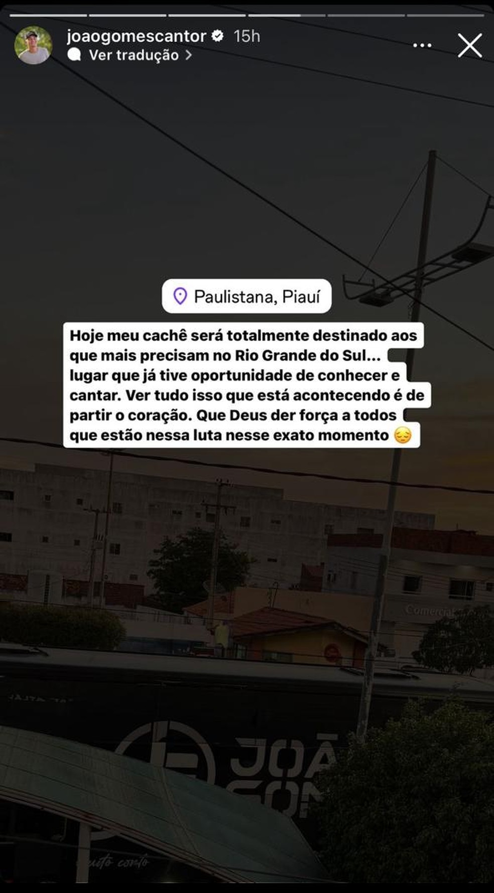 João Gomes destina cachê de show para vítimas das chuvas no Rio Grande do Sul — Foto: Reprodução Instagram