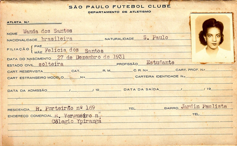 Registro de Wanda dos Santos no departamento de atletismo do São Paulo FC — Foto: Reprodução