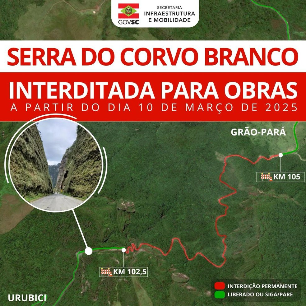 Mapa mostra alterações e serviços de obras na Serra do Corvo Branco — Foto: Governo de SC/Reprodução