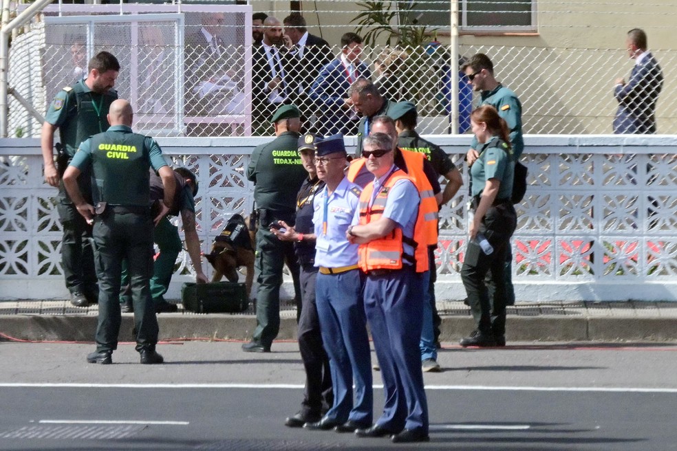 Um cão policial fareja uma mala após o voo papal ter sido atrasado no Aeroporto Internacional de Los Rodeos, na ilha de Tenerife, nas Canárias — Foto: Stefano Rellandini/Pool via REUTERS