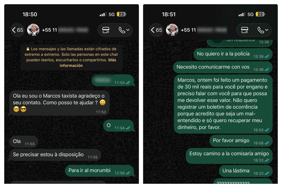 Troca de mensagens entre torcedor do Boca e taxista mostra argentino pedindo devolução do dinheiro pago a mais ao motorista. — Foto: Reprodução