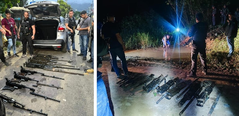 8 metralhadoras foram encontradas pela Polícia Civil do Rio (foto à esquerda); e 9 armas acabaram achadas pela polícia de Carapicuíba, Grande São Paulo. Todas as 17 foram furtadas do quartel do Exército em Barueri, região metropolitana — Foto: Leslie Leitão/TV Globo e Polícia Civil/Divulgação