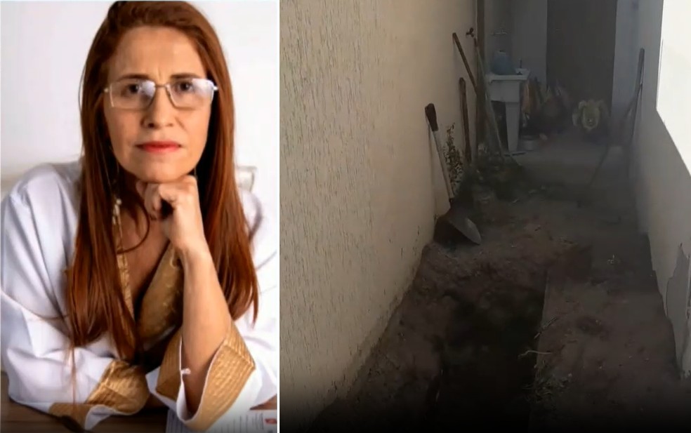 O corpo da médica Glaubenia Serpa Costa, 53 anos, estava enterrado no quintal da casa dela em Rio das Ostras, no RJ — Foto: Repodução redes sociais (foto à esquerda) e Andreia Freitas/g1 (foto à direita)
