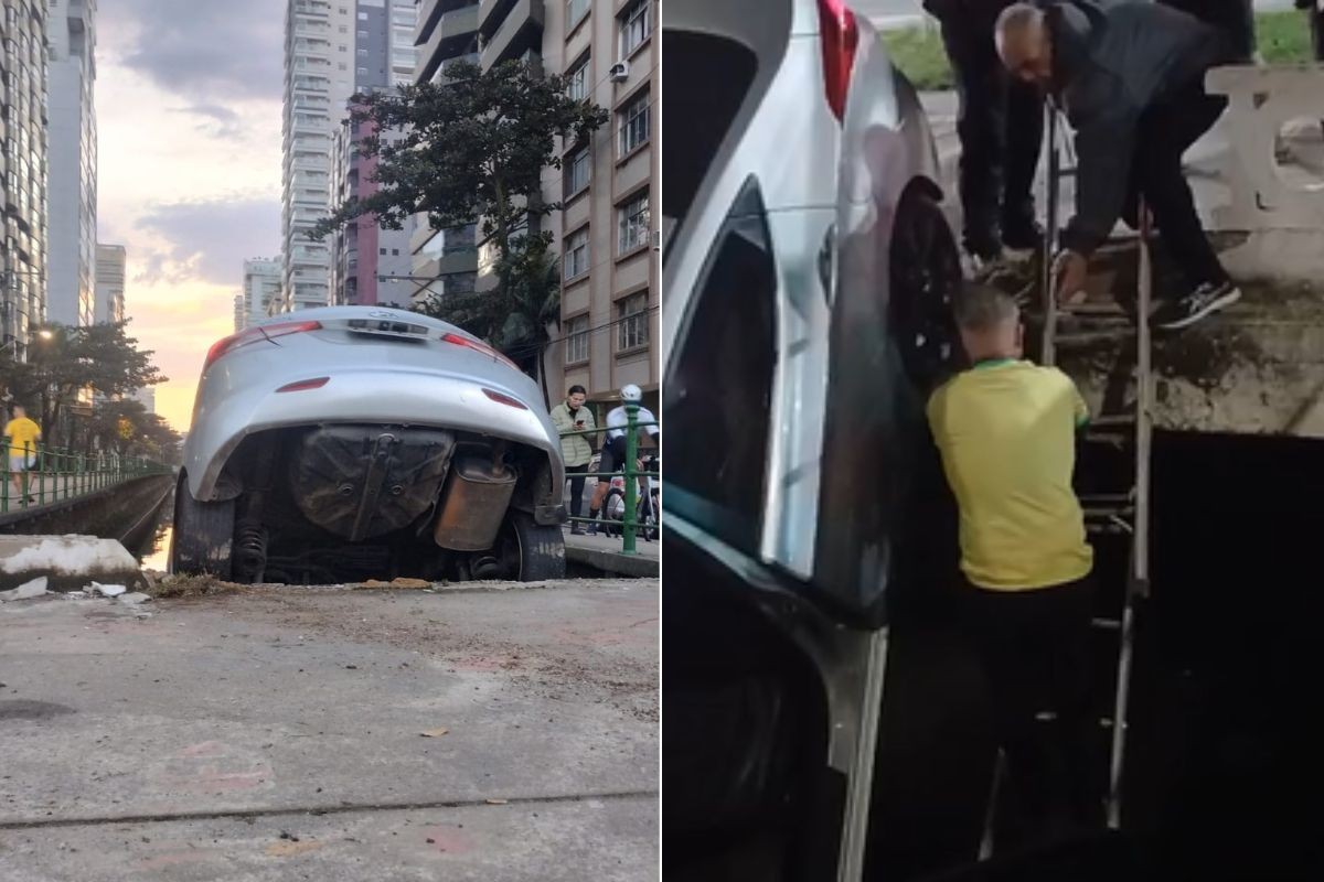 Motorista erra curva e carro despenca em canal no litoral de SP; VÍDEO