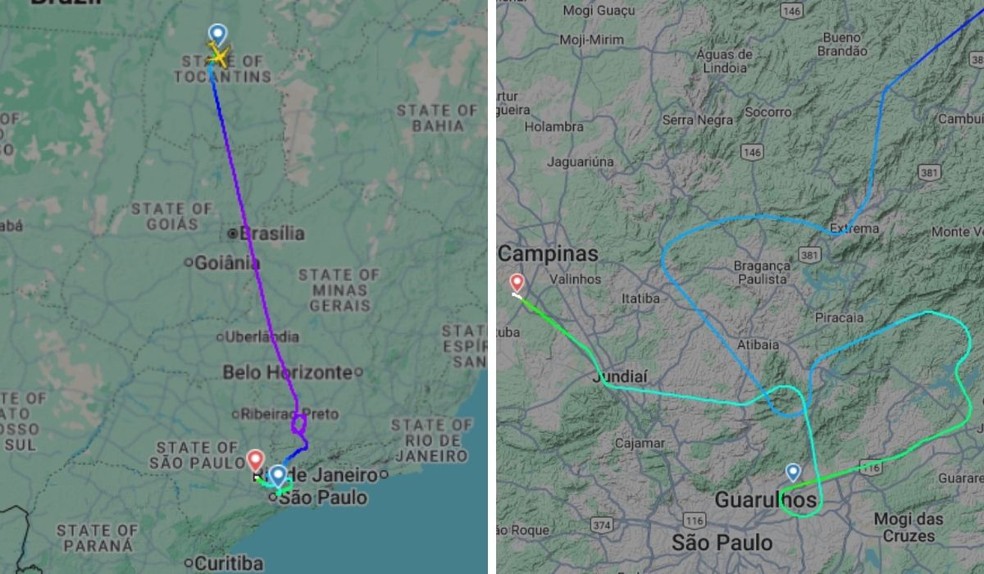 Por conta da ventania em São Paulo, voo que saiu de Palmas (TO) fez um desvio e pousou no aeroporto de Viracopos, em Campinas (SP), nesta quarta (10) — Foto: Reprodução
