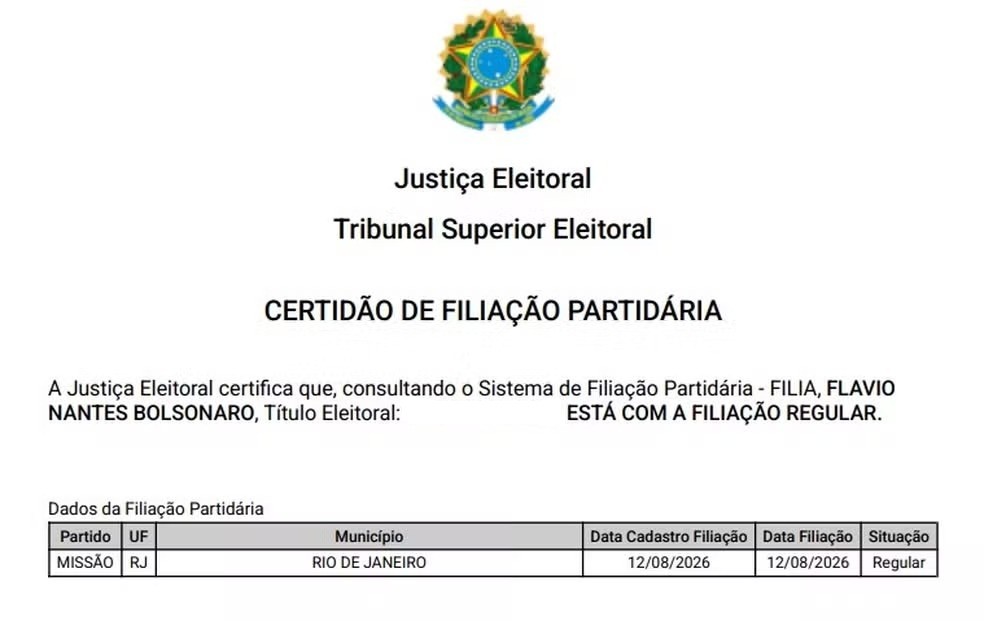 Flávio Bolsonaro foi filiado ao Missão — Foto: Reprodução/TSE