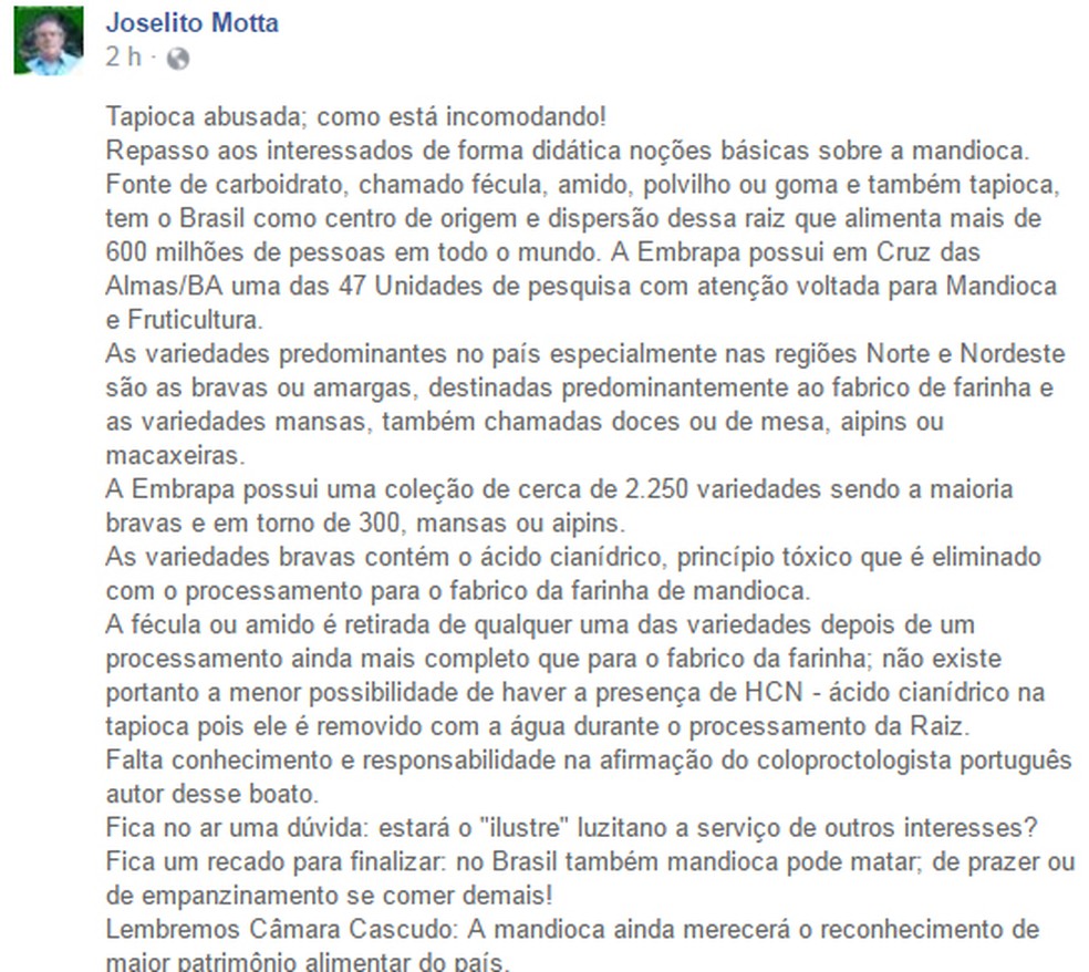 É #FAKE texto que diz que tapioca pode matar | G1