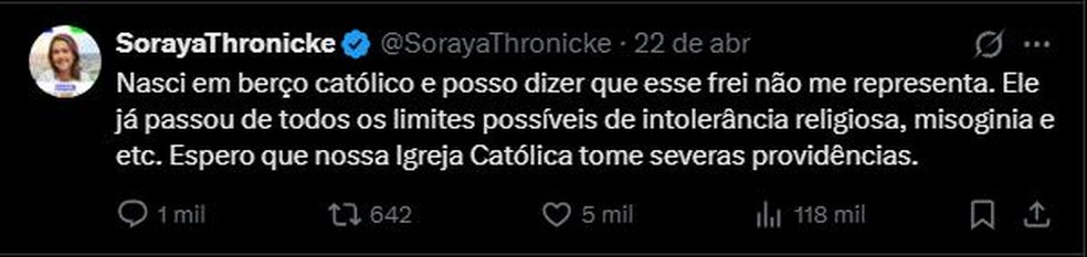 Senadora Soraya Thronicke acusa frei Gilson de misoginia em post nas redes sociais — Foto: Reprodução/redes sociais