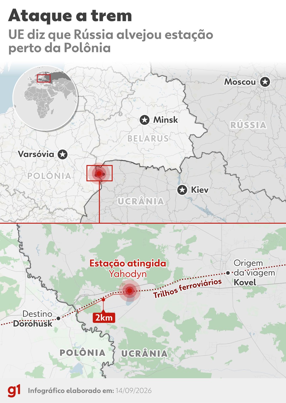 Mapa mostra localização de estação de Yahodyn, no extremo oeste da Ucrânia, alvo de ataque de drone russo em 13 de setembro de 2026. — Foto: Dhara Pereira/Arte g1
