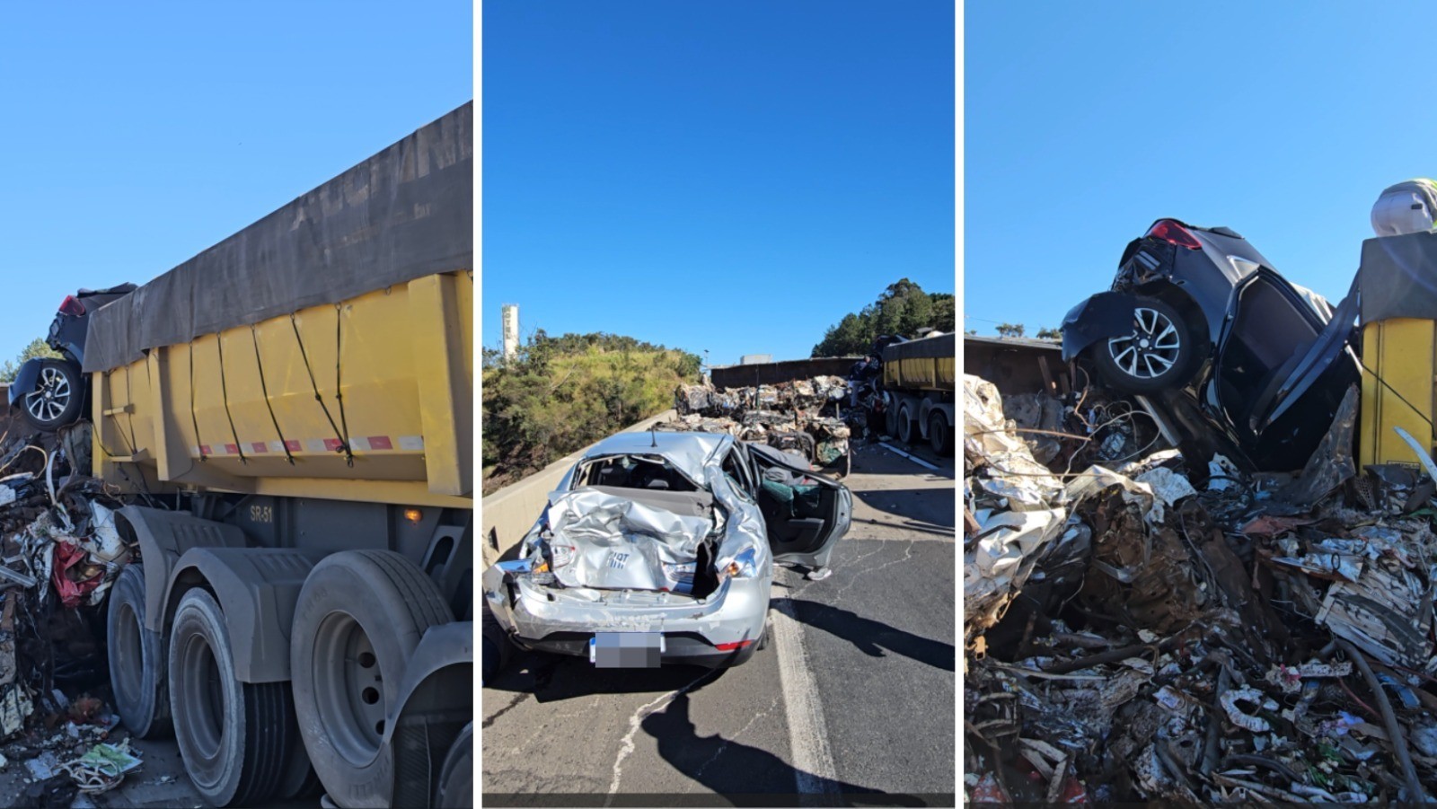 Acidente entre dois caminhões e três carros interdita totalmente pista da Rodovia Dom Pedro I, em Atibaia