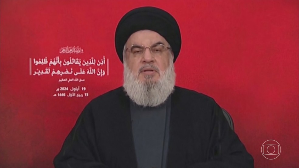 Hassan Nasrallah, chefe do Hezbollah, acusa Israel por explosões de aparelhos eletrônicos no Líbano e promete vingança — Foto: Jornal Nacional/ Reprodução